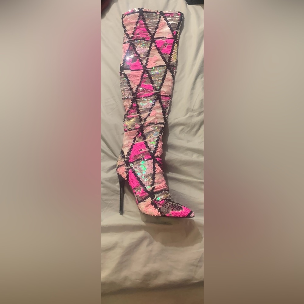 COPY - Lemon drop by privileged pink sparkling sequin knee high boots